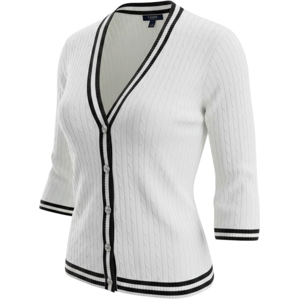 Chaps Womens White Cable Knit Cardigan Navy Striped Trim 3/4 Sleeve Cotton Large